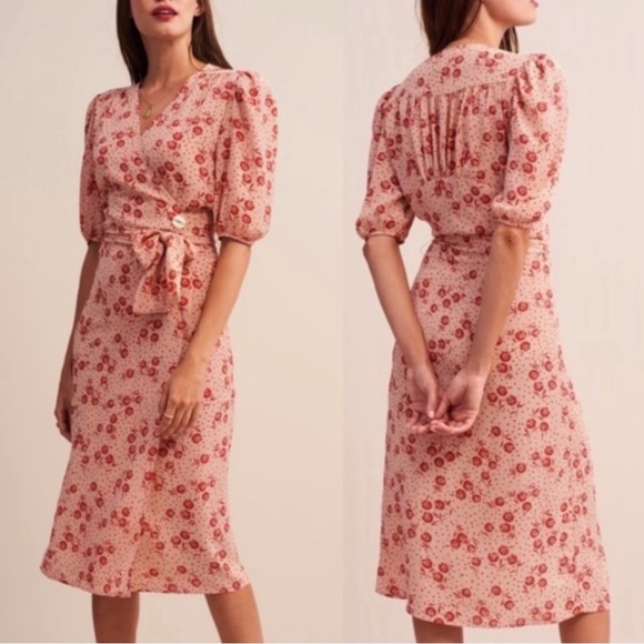 Rouje Dresses & Skirts - ROUJE Peach Pink Red Retro Classic Floral Dot Printed Rosalie Midi Wrap Dress